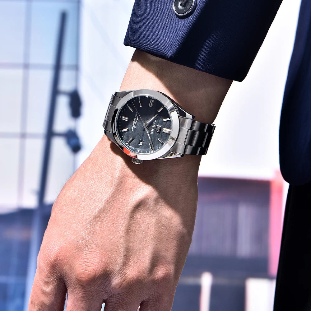 Black sand dial Benyar watch on wrist for men