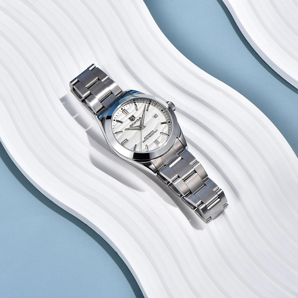Solid stainless steel strap with butterfly clasp on Benyar BY-5208M white sad dial