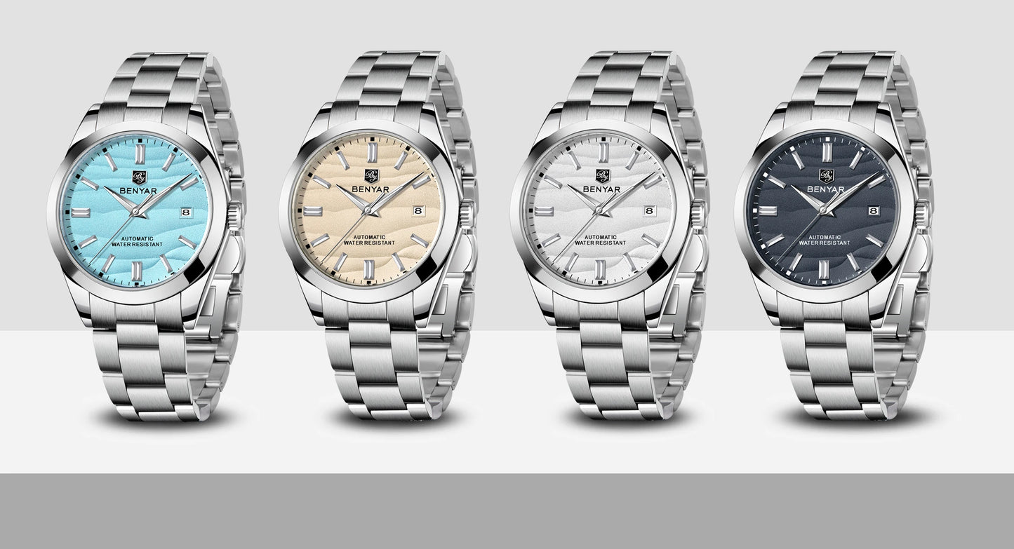 Benyar BY-5208M automatic watch front view with all colour sand texture dial