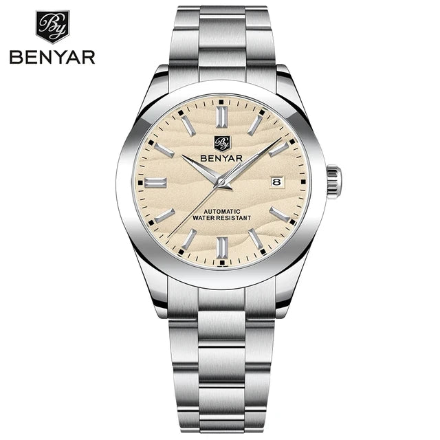 Benyar BY-5208M automatic watch front view with beige sand texture dial
