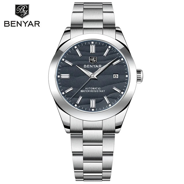 Benyar BY-5208M automatic watch front view with black sand texture dial