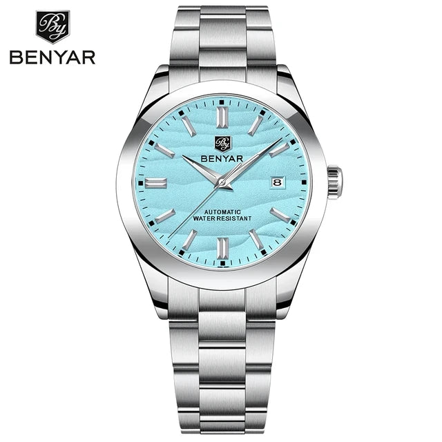 Benyar BY-5208M automatic watch front view with ice blue sand texture dial