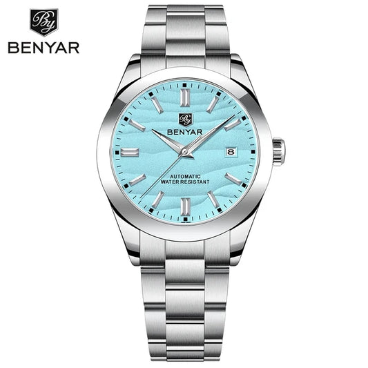 Benyar BY-5208M automatic watch front view with ice blue sand texture dial