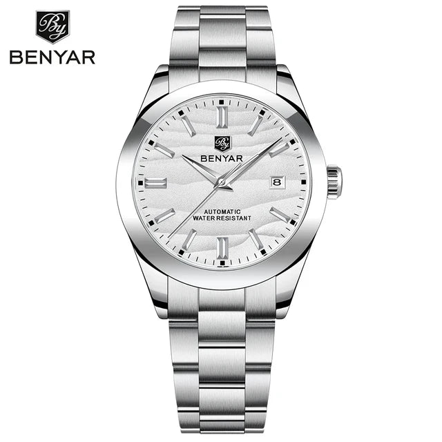 Benyar BY-5208M automatic watch front view with white sand texture dial