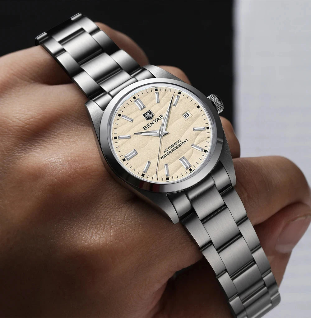 Beige dial Benyar BY-5208M automatic watch on hand