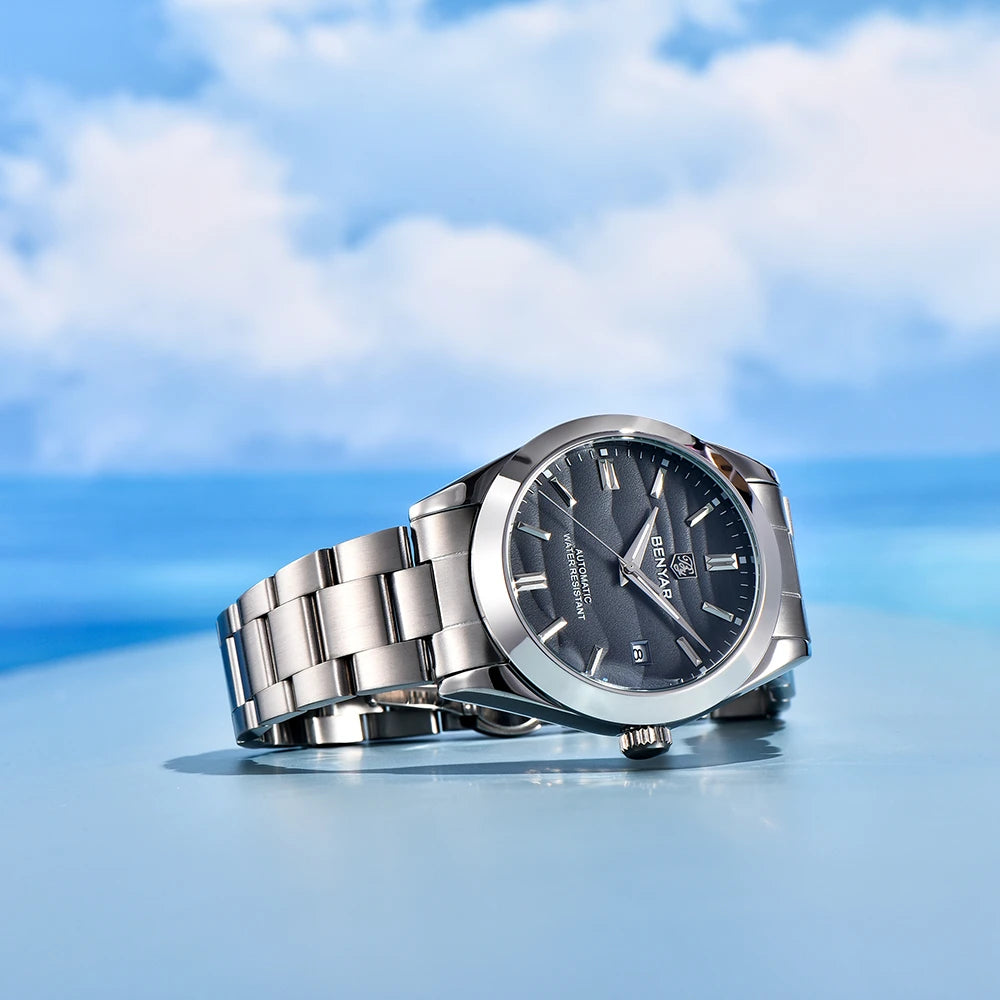 Domed crystal balck dial of BY-5208M showing sand wave pattern