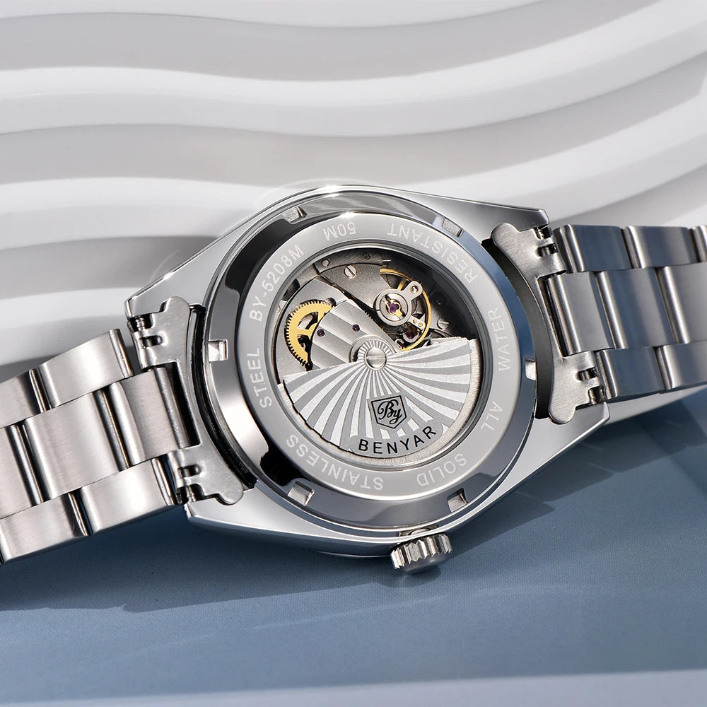 Transparent case back showing BY-9018 automatic movement