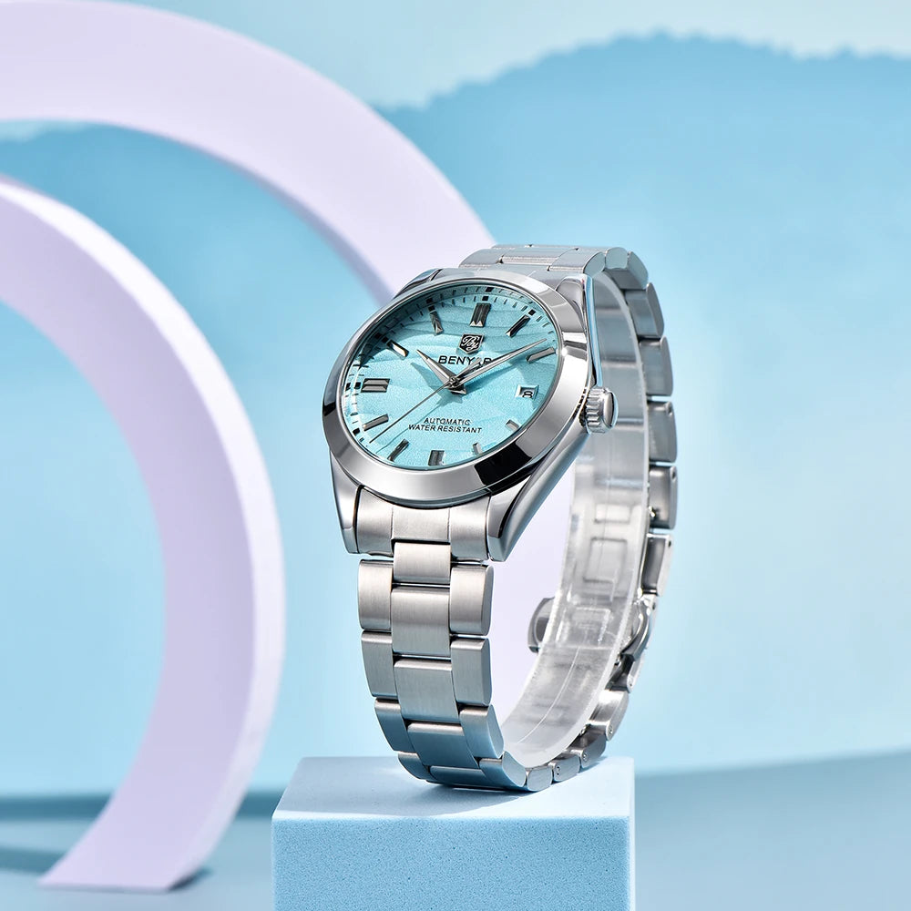 Solid stainless steel strap with butterfly clasp on Benyar BY-5208M