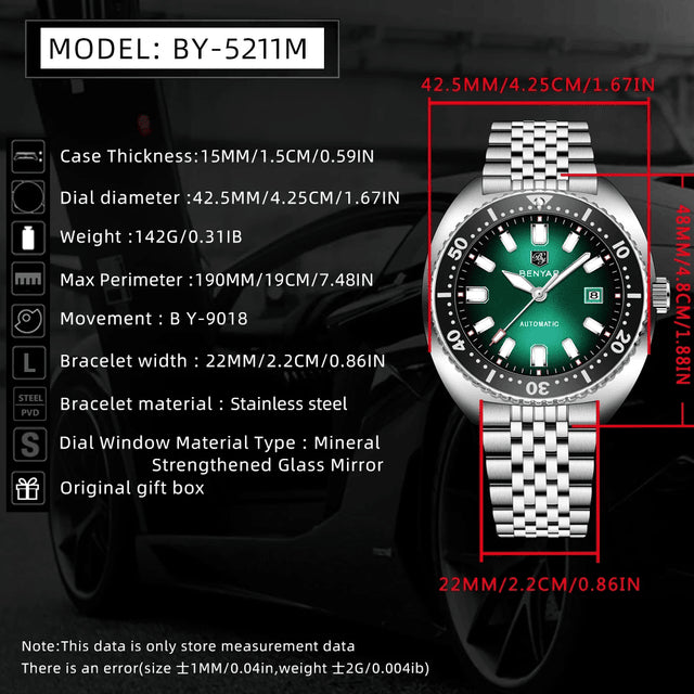 BENYAR BY5211 Automatic Dive Watch for Men – Heritage Turtle Style, 40mm Tonneau Case, BY9018 Movement, 5 ATM Water Resistant