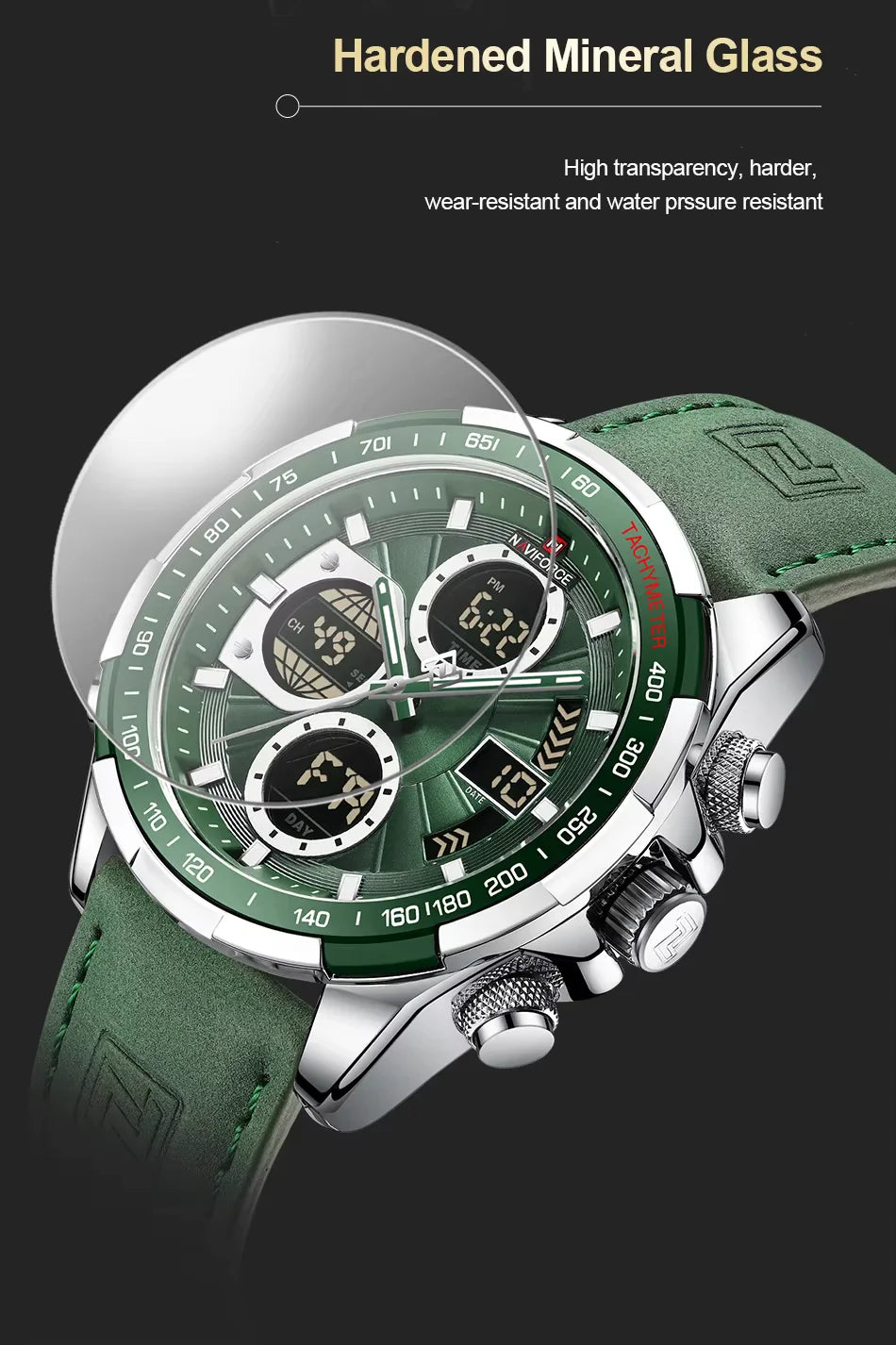 NAVIFORCE 9197L Men's Military Watch – Analog Digital Display, Waterproof, Leather Strap, Alarm & Calendar