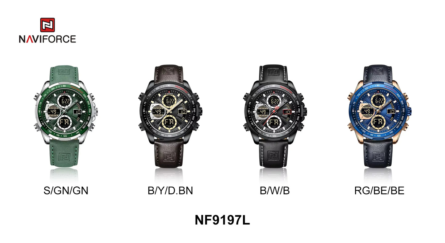 NAVIFORCE 9197L Men's Military Watch – Analog Digital Display, Waterproof, Leather Strap, Alarm & Calendar