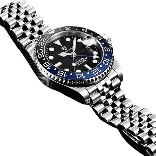 Complete view of the Pagani Design PD-1662 Batman GMT Watch with a stainless steel case and Jubilee bracelet.