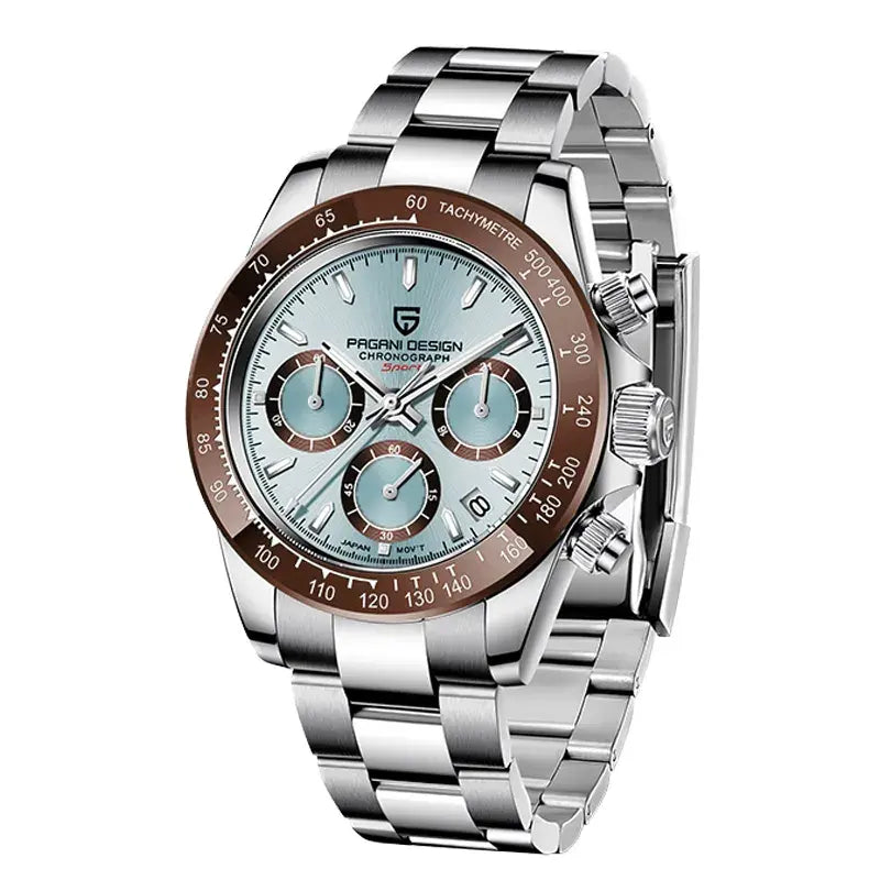 Pagani Design PD-1644 Ice Blue Chronograph Watch with Brown Tachymeter Bezel, Seiko VK63 Mecha-Quartz Movement, Sapphire Crystal, 316L Stainless Steel Bracelet, and 100M Water Resistance.