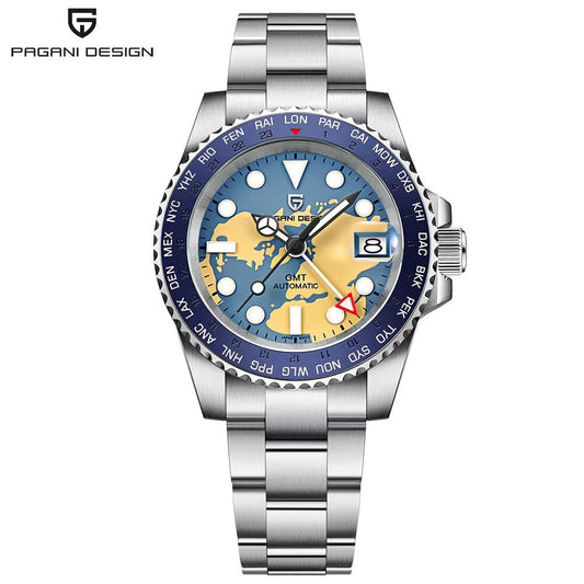 PAGANI DESIGN PD-1758 GMT Watch front view with world map dial and 24-country bezel