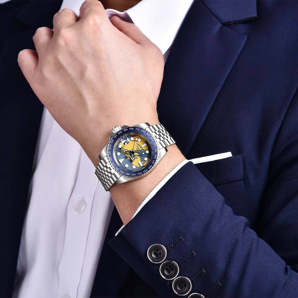 PAGANI DESIGN PD-1758 GMT Watch in hand showing world map dial and stainless steel jubilee strap