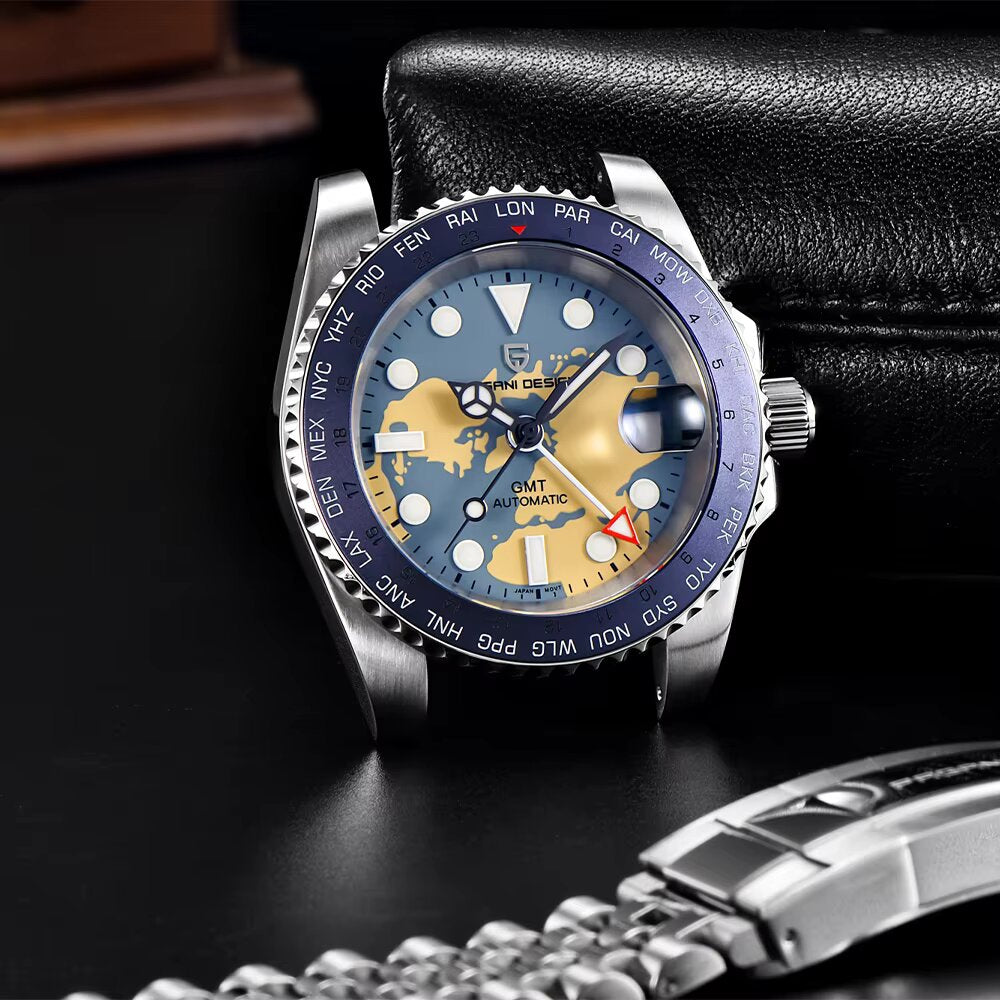 PAGANI PD-1758 GMT Watch with engraved 24-country bezel and world map dial for global time tracking – Japan NH34 movement
