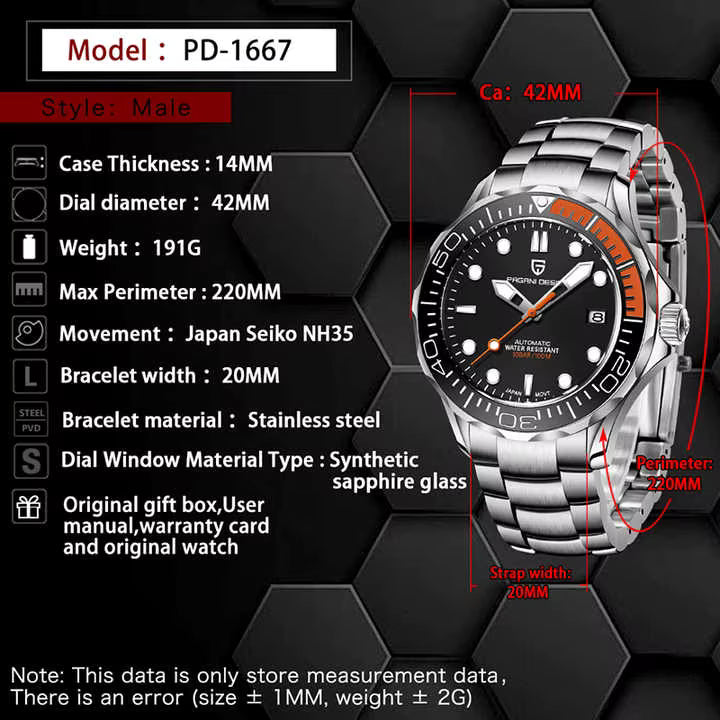 Pagani Design PD-1667 -007 Automatic Watch for Men NH35 Movement Sapphire Crystal 100M Waterproof Stainless Steel Dive Watch