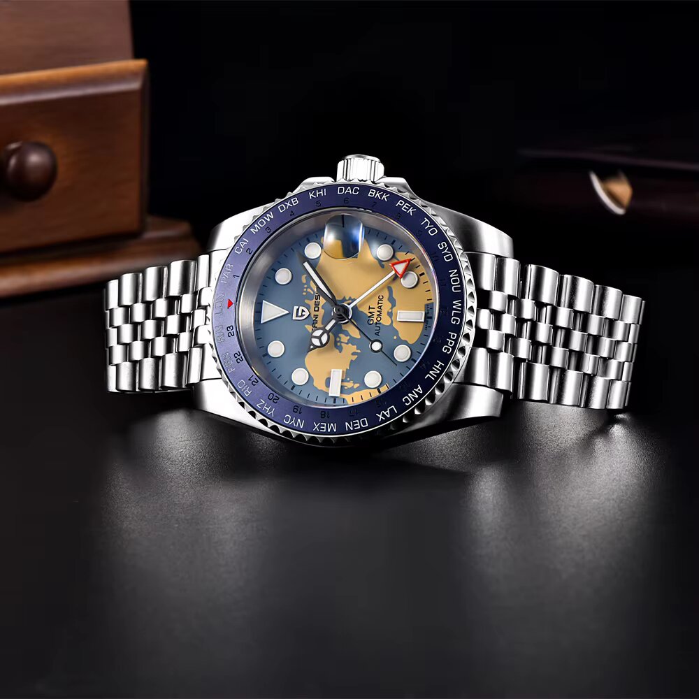 Close-up of PAGANI DESIGN PD-1758 watch dial in hand with Japan NH34 movement and sapphire crystal
