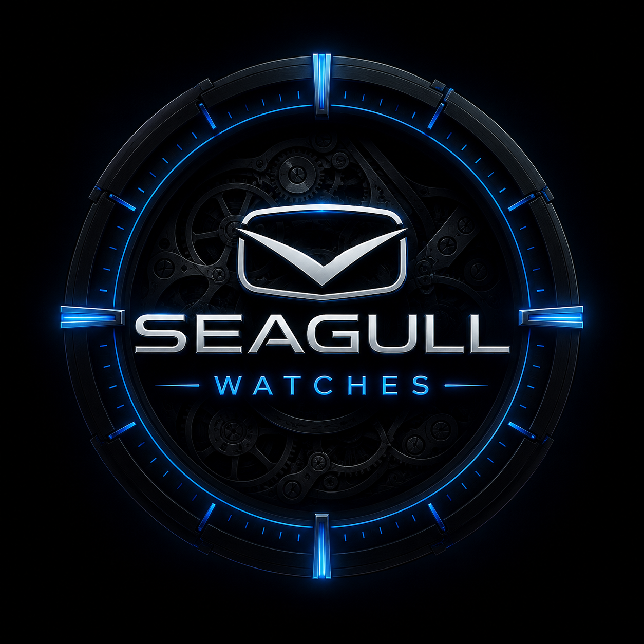 Seagull Watches luxury collection logo with dark premium background and blue glowing mechanical watch inspired design
