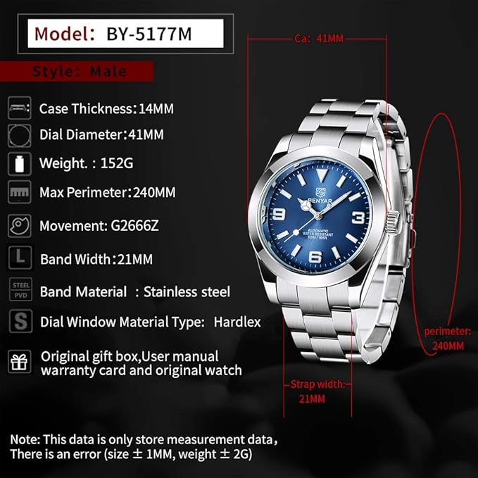 Benyar BY 5177 Classic Men's Watch with Blue Sunburst Dial and Oversize Arabic Numerals