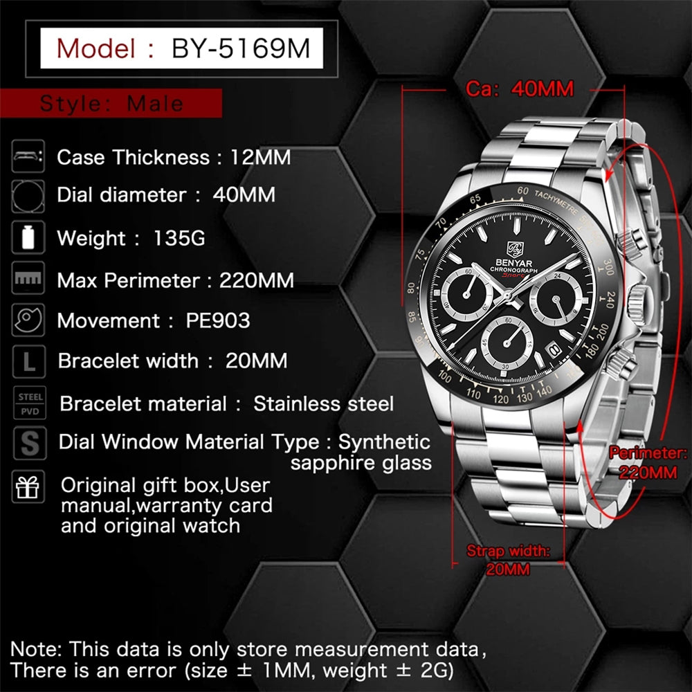 BENYAR 5169 Men's Chronograph Watch – Stylish, Durable, and Multifunctional Analog Timepiece