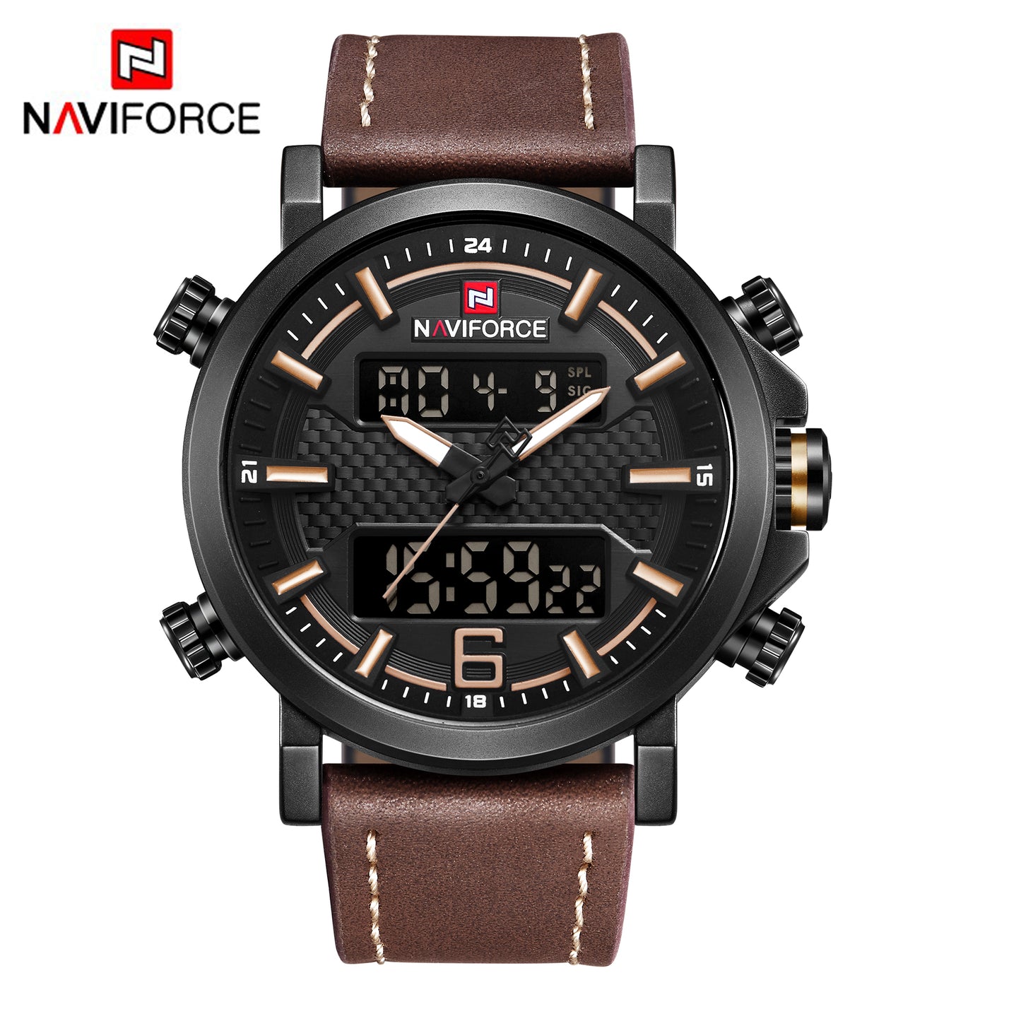 NAVIFORCE 9135  Men’s Sports Watch - Luxury Leather Band, Waterproof LED Analog watch