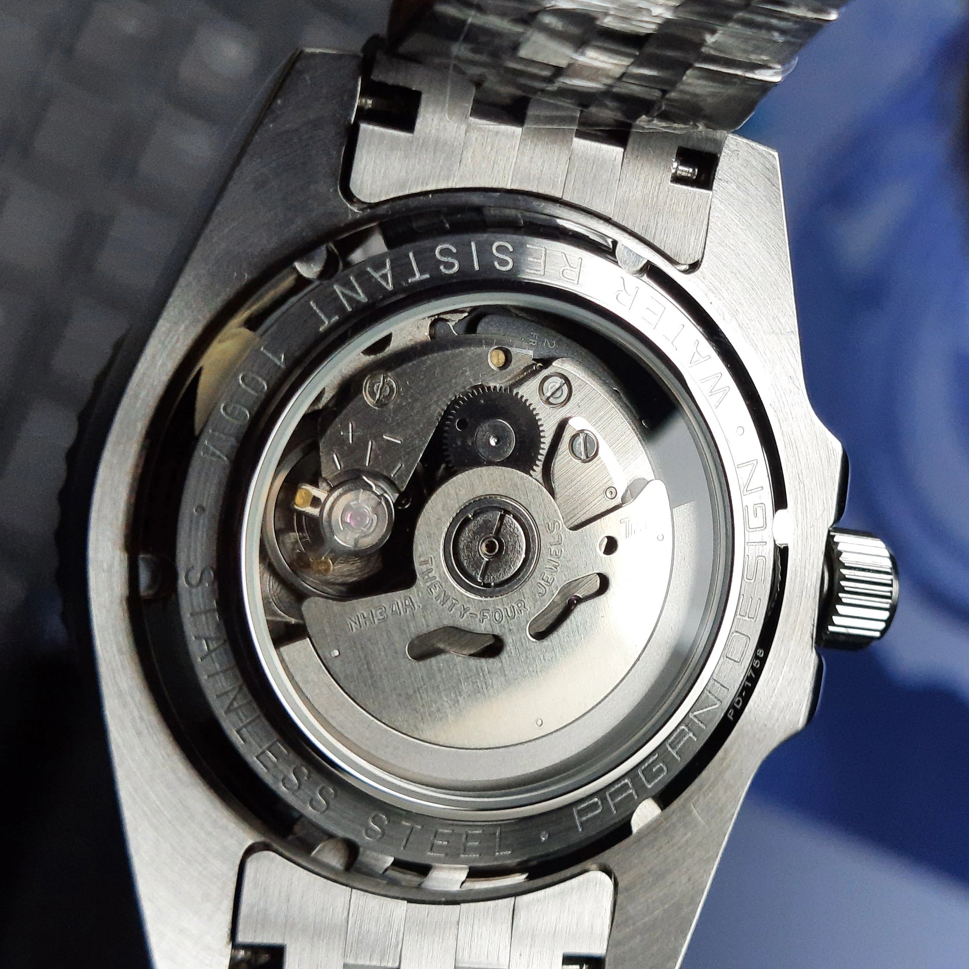 Display case back showing NH34 automatic movement – PAGANI DESIGN PD-1662 GMT Batman