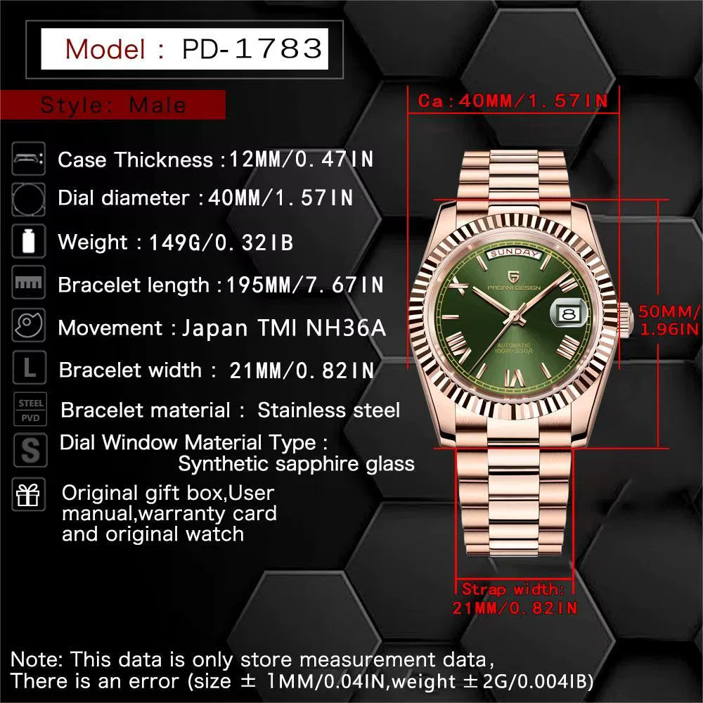 Pagani Design DD40 PD-1783 Men’s Automatic Premium Mechanical Watch |AR Sapphire Glass | Roman Numerals | Presidential |  NH36A