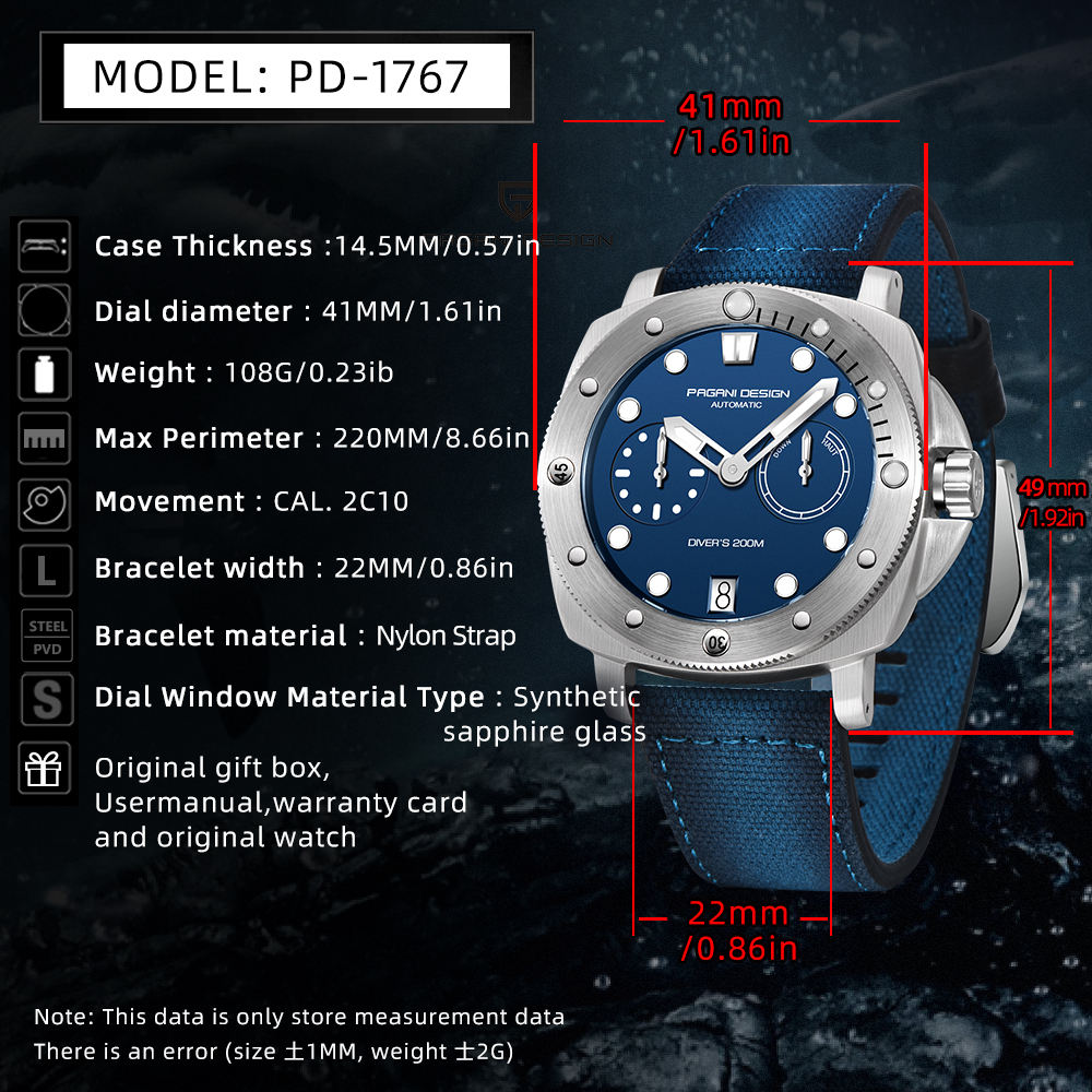 PAGANI DESIGN PD-1767 Automatic Mechanical Diver Watch – 200M | Sapphire Glass | 41mm