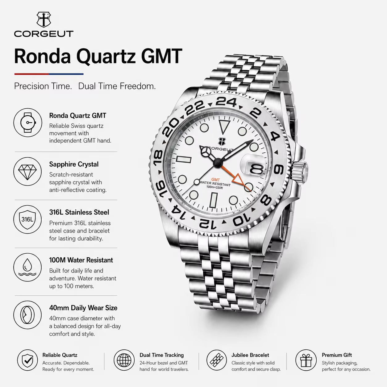 40mm GMT Diver Homage Watch – Swiss RONDA 515 GMT Quartz | Sapphire Crystal | 100M Water Resistant