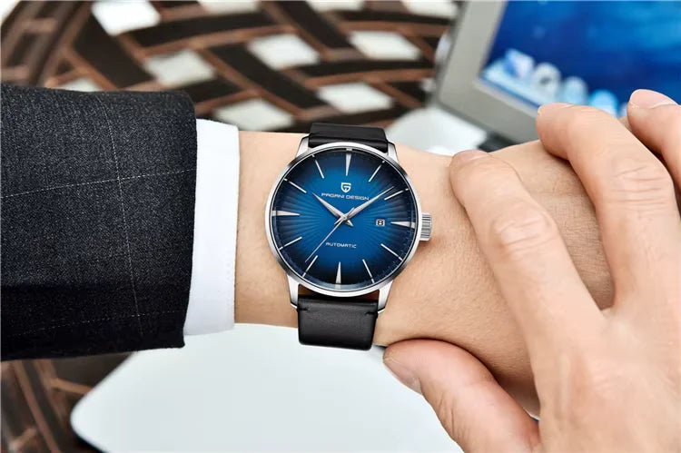 Pagani design PD2770 wearing a watch with a blue face