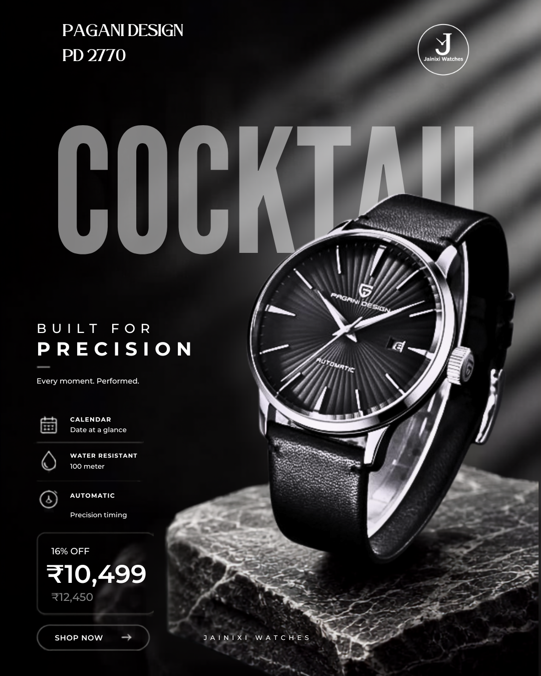 A black leather wristwatch with a black sunburst dial and silver case, displayed on a dark textured stone pedestal. The background is dark gray with dramatic diagonal light streaks, and the watch is branded PAGANI DESIGN.
