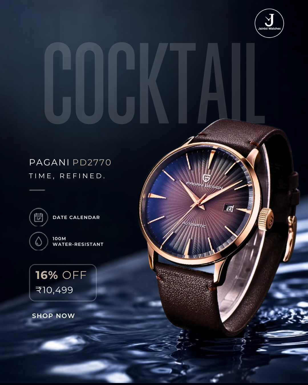 A Pagani PD2770 wristwatch with a brown leather strap, rose gold case, and a blue-to-purple sunburst dial, presented on a dark reflective water surface with promotional text.
