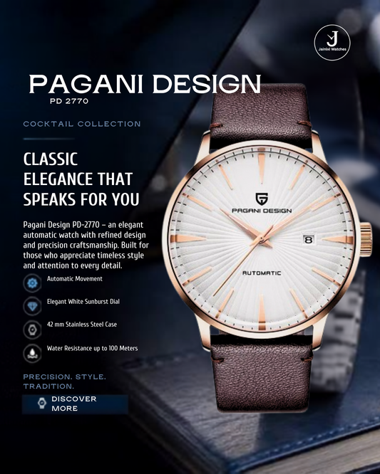 Pagani Design Pd 2770 automatic watch with a white sunburst dial, rose gold case, and brown leather strap, shown on a dark blue textured background with promotional text.