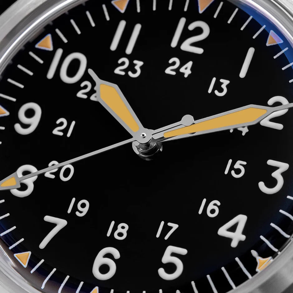 Addiesdive AD2076 matte black dial vintage military field watch close up