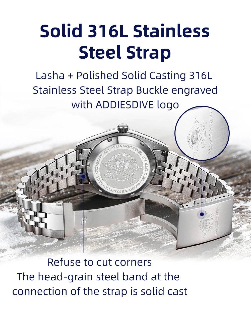 Addiesdive AD2118 jubilee-style stainless steel bracelet
