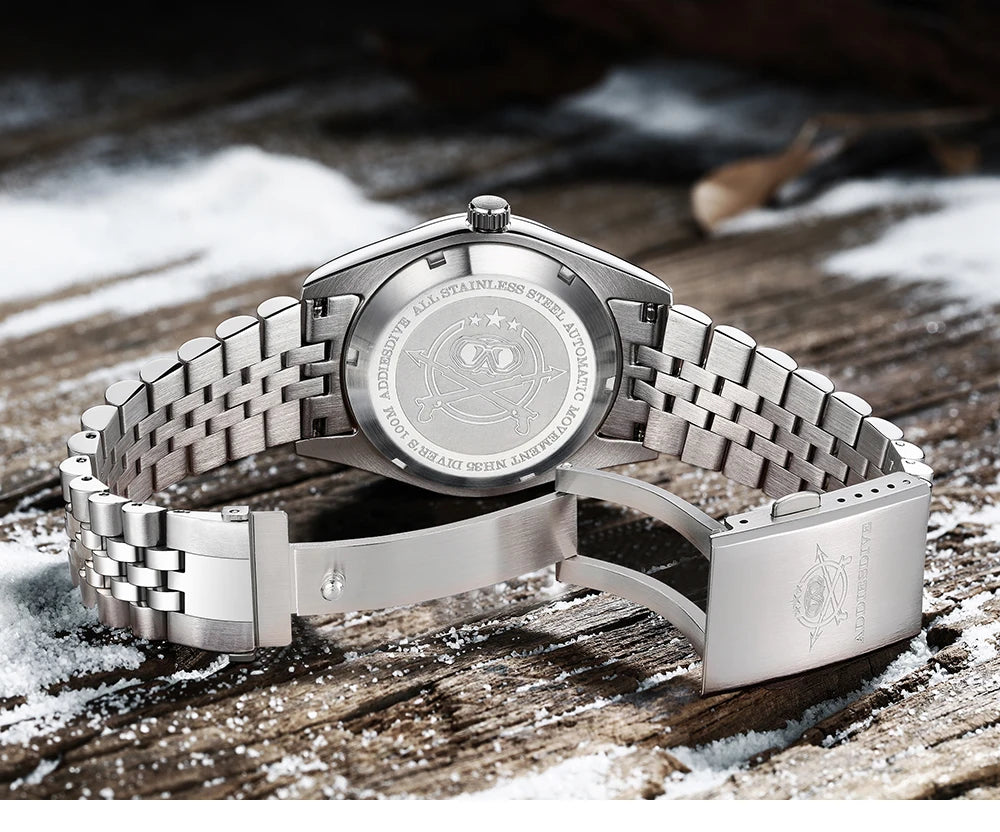 Addiesdive AD2118 jubilee-style stainless steel bracelet with push-button deployment clasp