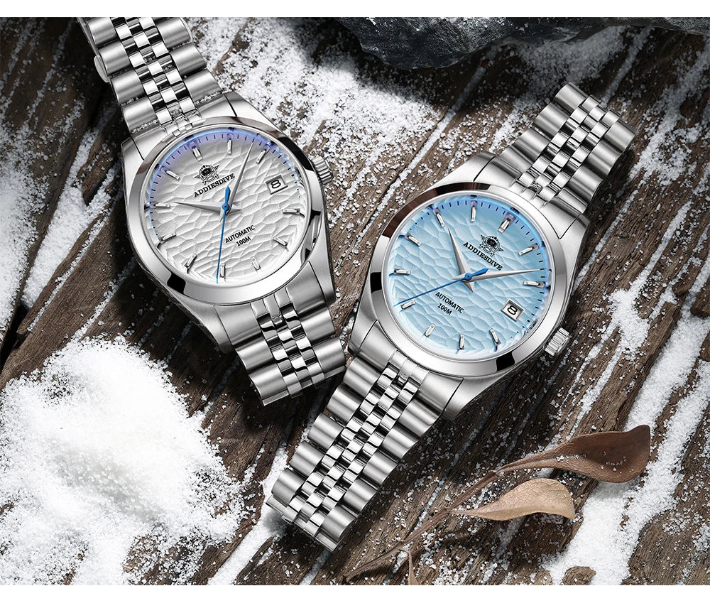 Addiesdive AD2118 automatic watches with sky blue and snow white dials, featuring NH35 movement and sapphire crystal