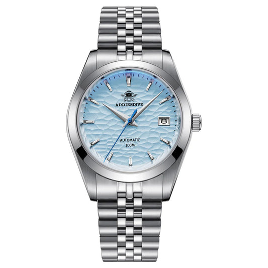 Addiesdive AD2118 automatic watch with sky blue dial and steel strap