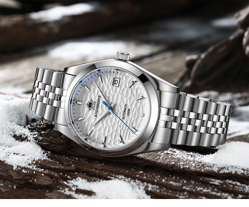 Addiesdive AD2118 snow white dial automatic watch side closeup