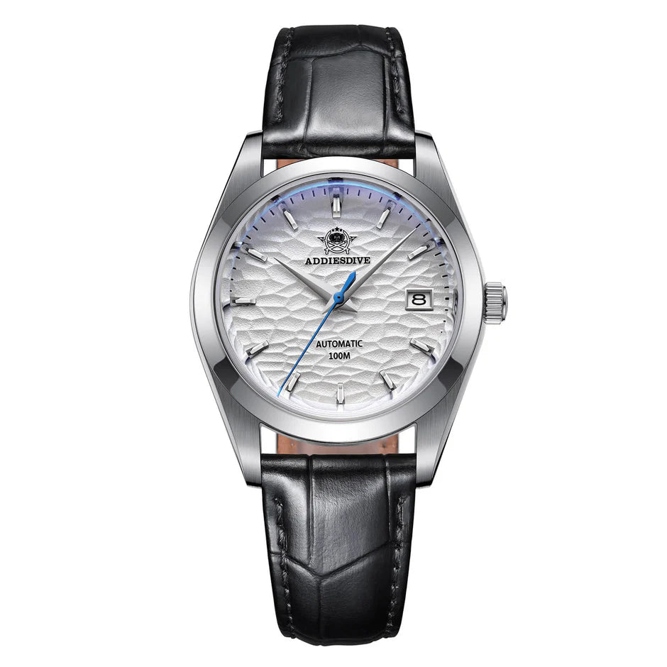 Addiesdive AD2118 snow white dial automatic watch with leather strap