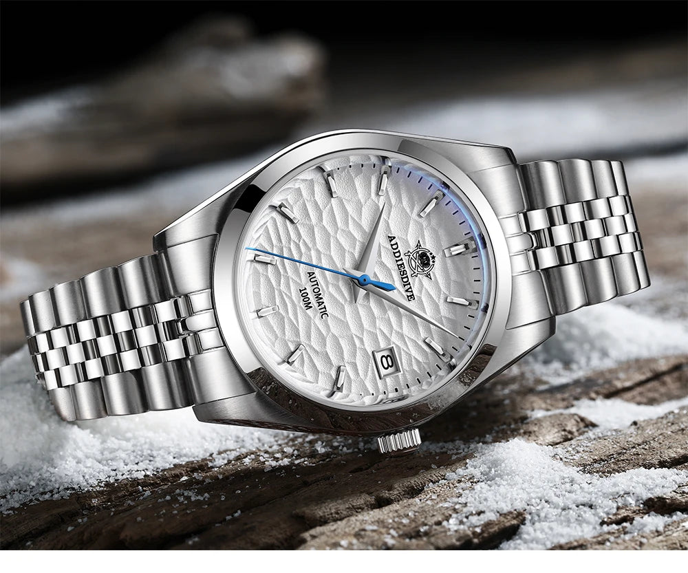 Addiesdive AD2118 snow white dial automatic watch closeup