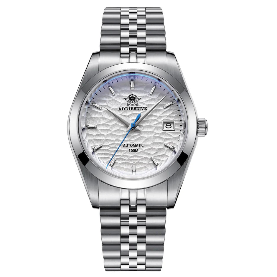 Addiesdive AD2118 automatic watch with snow white dial and steel strap