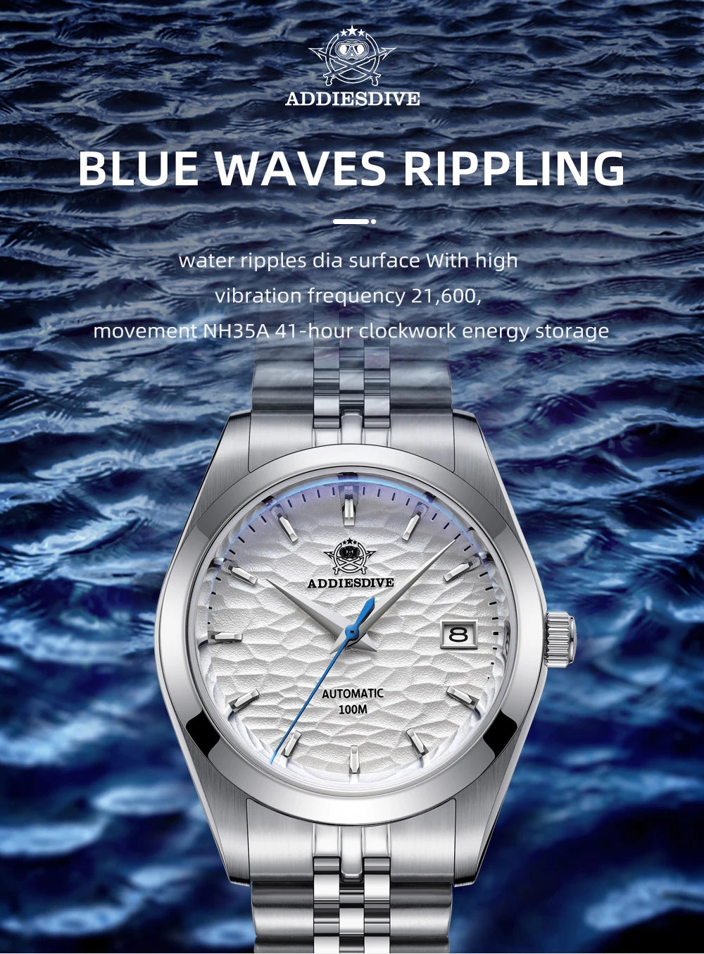 Rippling wave pattern white dial of Addiesdive AD2118 automatic watch
