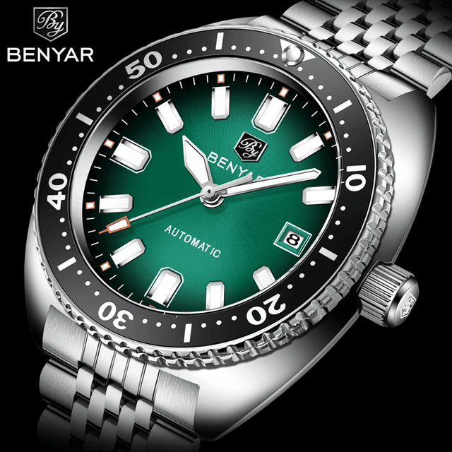 Close-up of Benyar 5211 rotating bezel and detailed minute markers