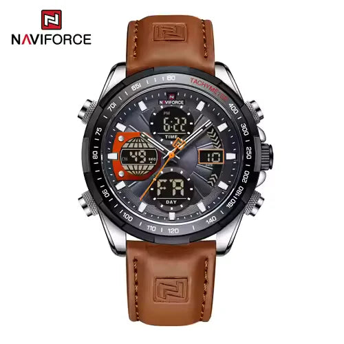NAVIFORCE 9197L Men's Military Watch – Analog Digital Display, Waterproof, Leather Strap, Alarm & Calendar