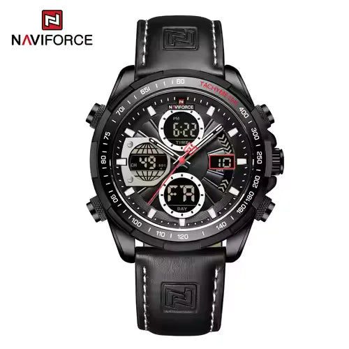 Naviforce watch with a black leather strap and a black dial, a digital displa,y black dial-jainixi watches