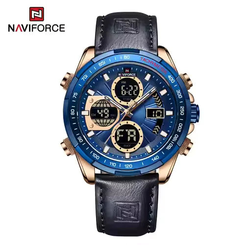 Naviforce NF9197L blue dial chronograph men’s watch with gold-plated case and blue leather strap- jainixi watches