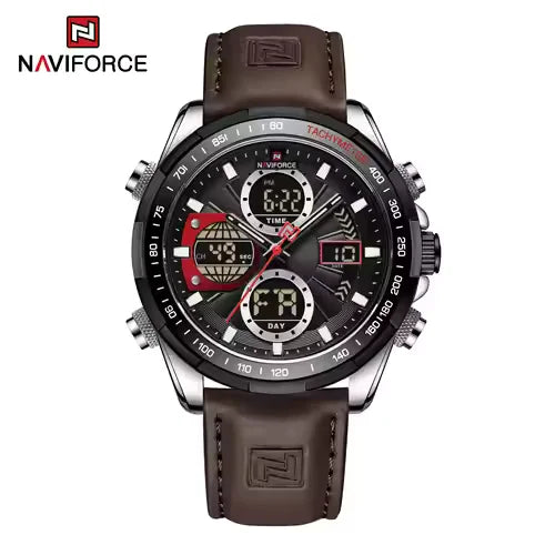 NAVIFORCE 9197L Men's Military Watch – Analog Digital Display, Waterproof, Leather Strap, Alarm & Calendar