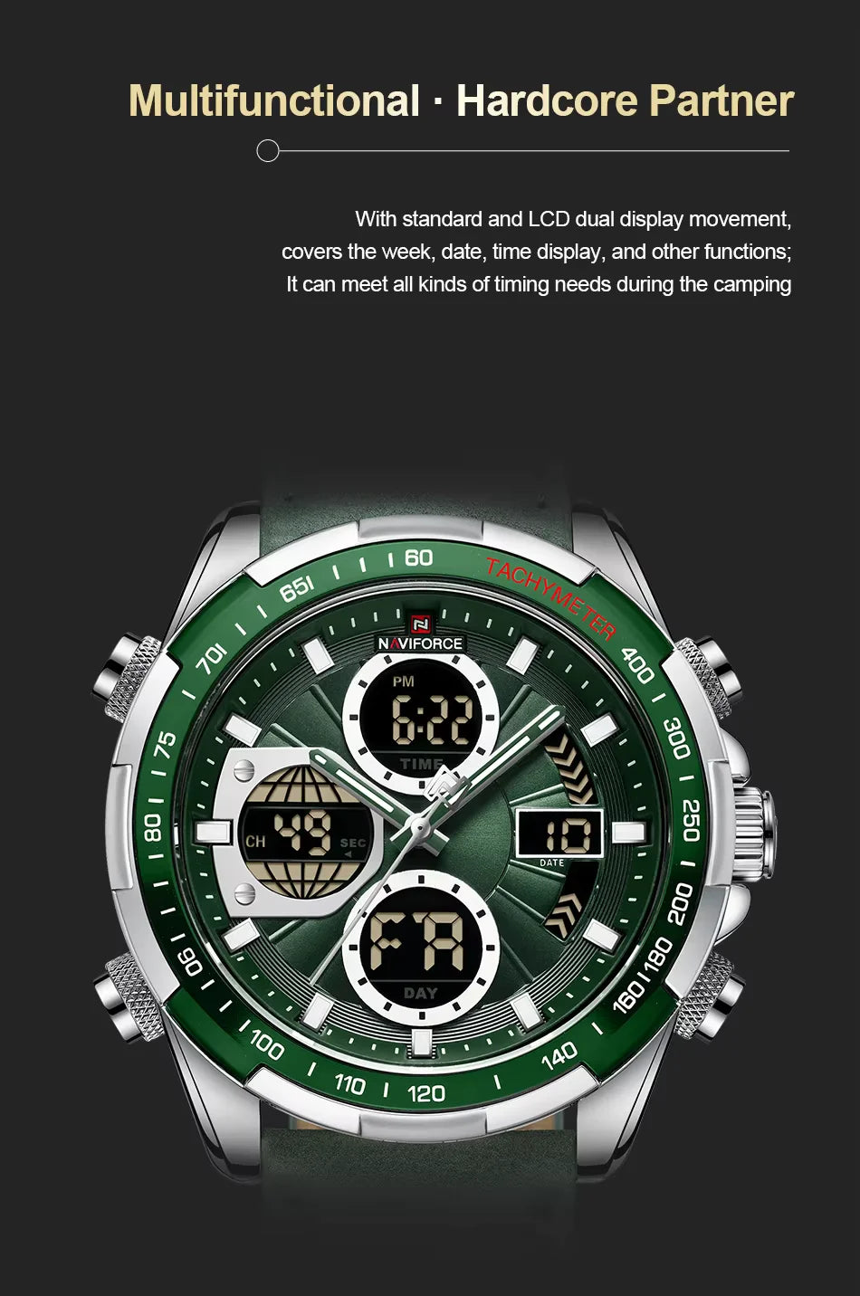 Multifunctional watch with a green dial and a digital display-jainixi watches